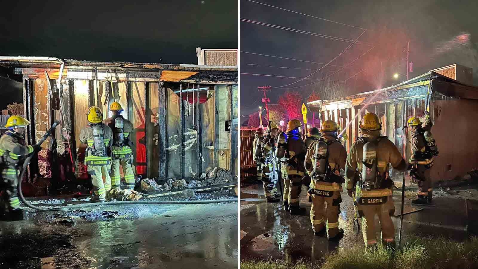side by side images of firefighters extinguishing a trashcan blaze in Phoenix....