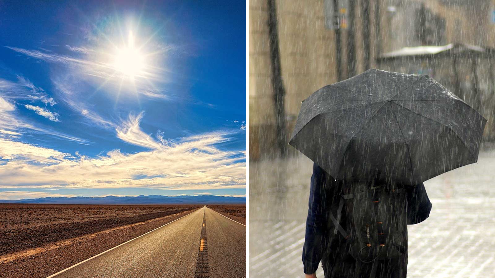 Split image, with one side showing sunny skies and the other a man holding an umbrella in the rain...