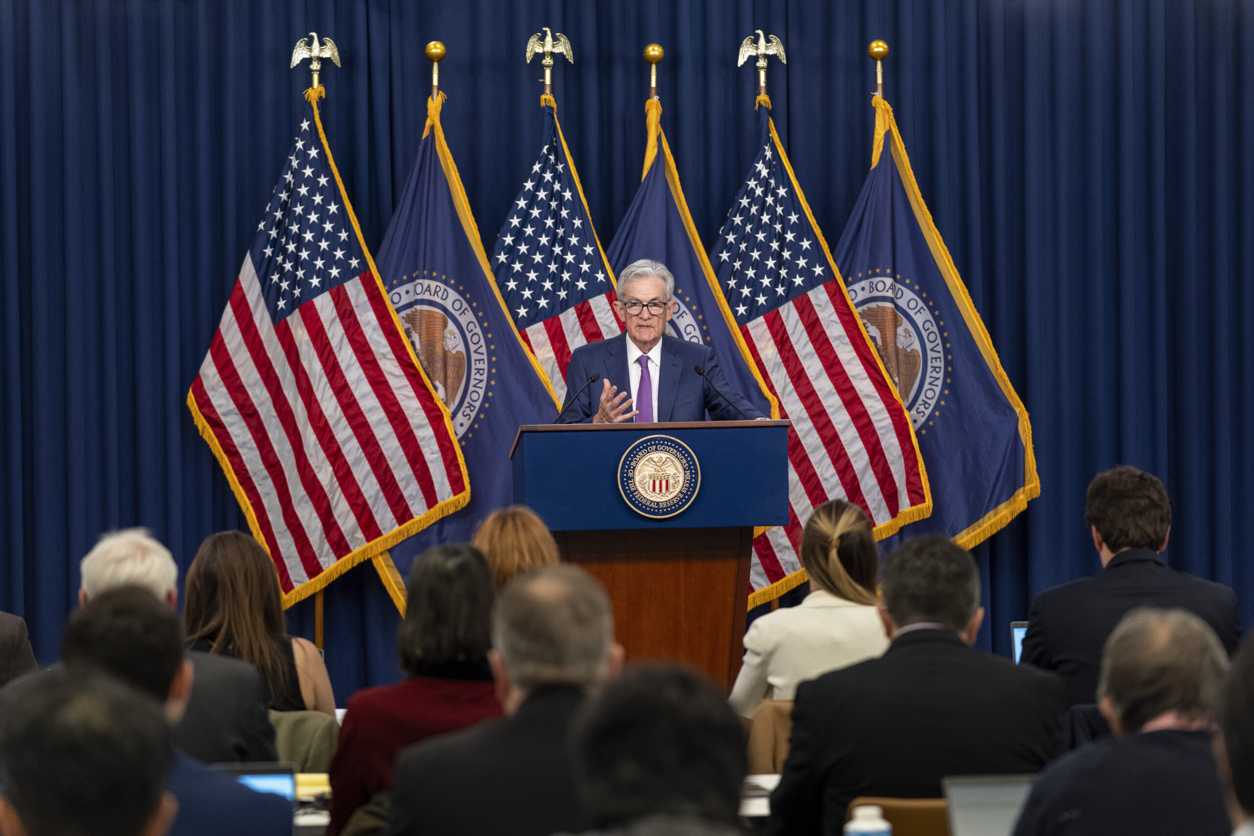 FILE - Federal Reserve Board Chair Jerome Powell speaks during a news conference at the Federal Res...