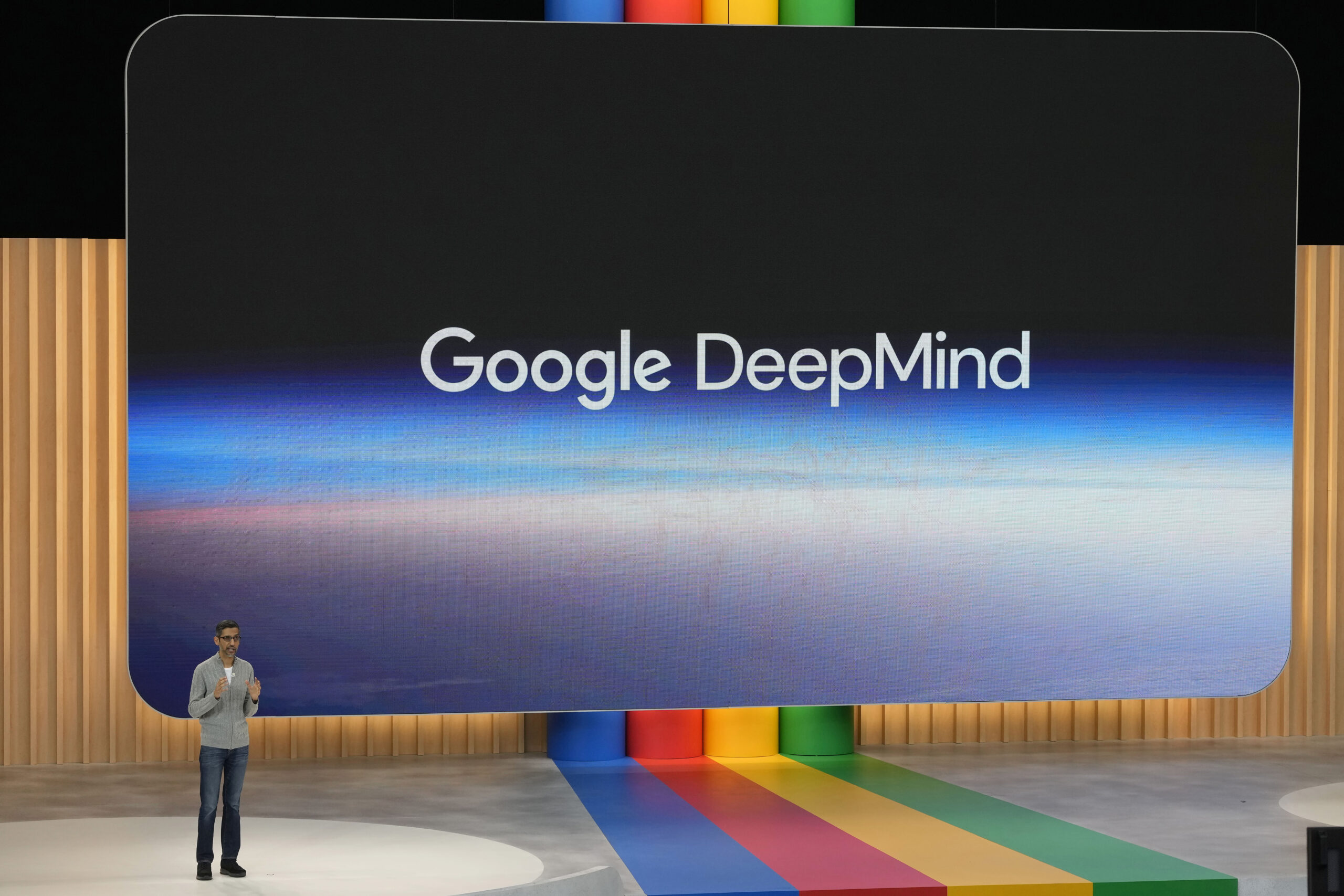 FILE - Alphabet CEO Sundar Pichai speaks about Google DeepMind at a Google I/O event in Mountain Vi...