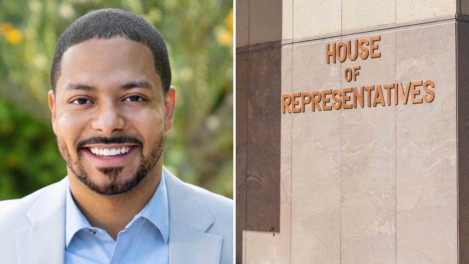 Split image of a headshot of Jevin Hodge on the left and a sign that says House of Representatives ...