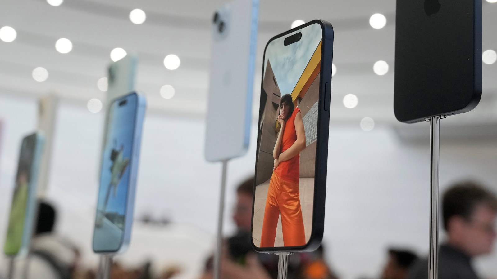 iPhone 15 phones are shown during an announcement of new products on the Apple campus in Cupertino,...