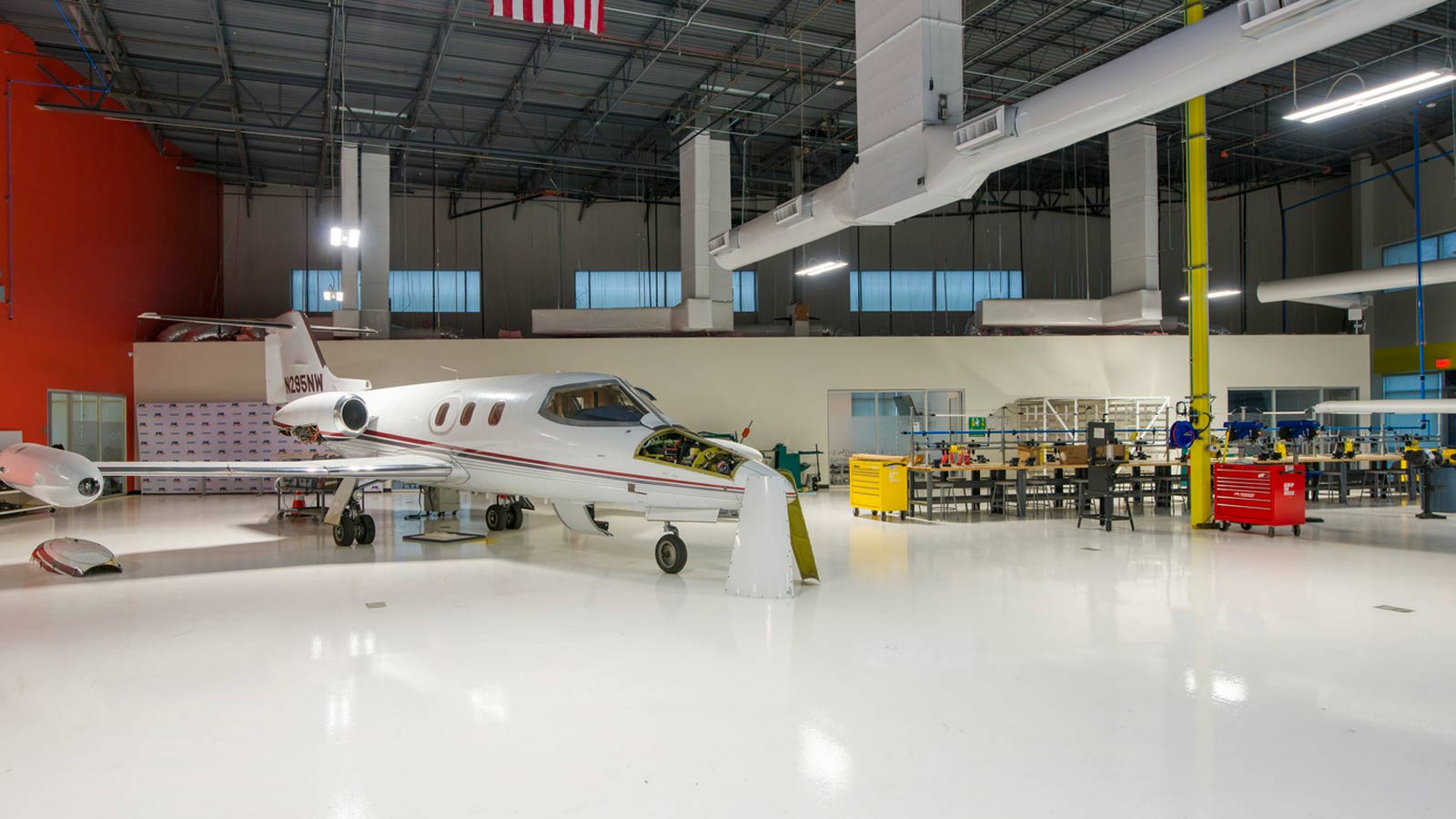 An airplane sits inside a hangar at the new Aviation Institute of Maintenance in Phoenix, Arizona....