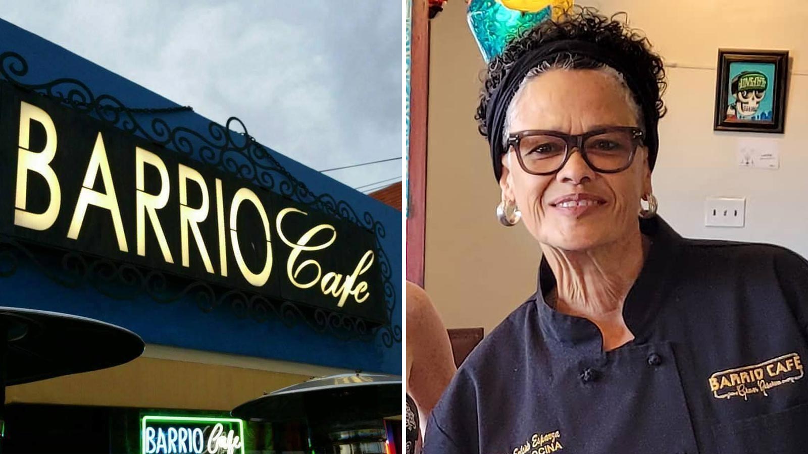 Split panel image of the sign at Barrio Cafe in Phoenix on the left and chef Silvana Salcido Esparz...