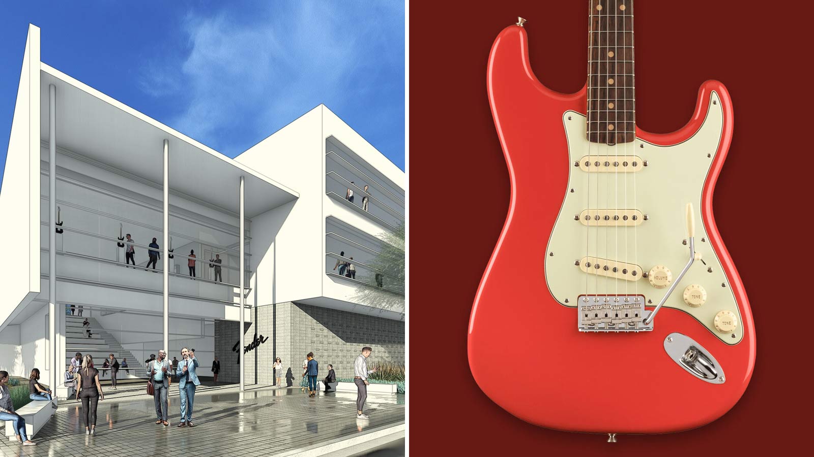 Split pane image with a rendering of the Fender headquarters to be built in Phoenix on the left and...