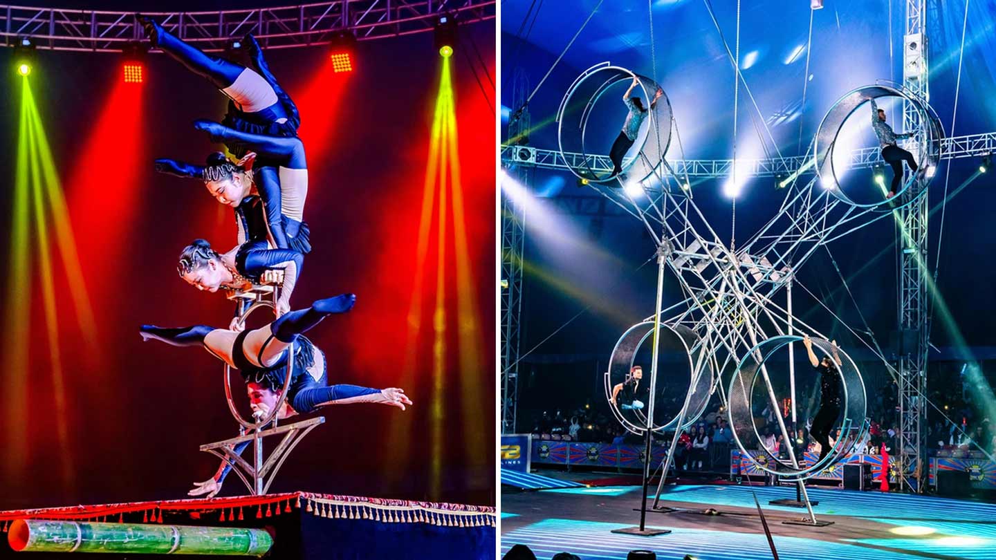 Split panel image of women doing stunts on the left and the Wheel of Death apparatus from the Garde...