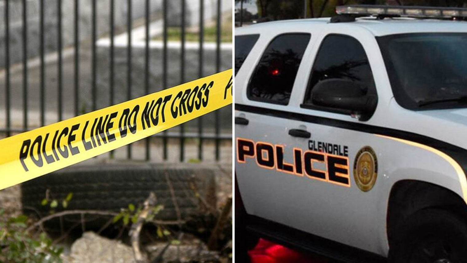 Split image of file photos shows yellow tape at a crime scene on the left and a Glendale police veh...