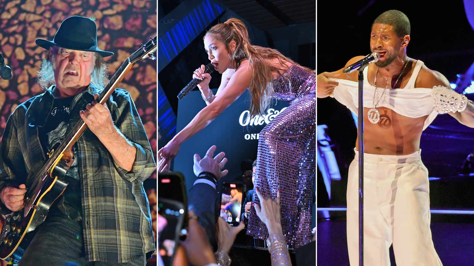A three panel photo of, left to right, Neil Young, Jennifer Lopez and Usher performing.