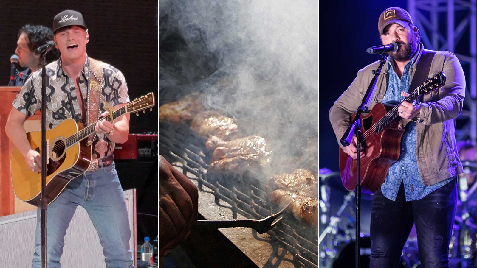Three panel image showing Parker McCollum on the left and Rodney Atkins on the right, both playing ...