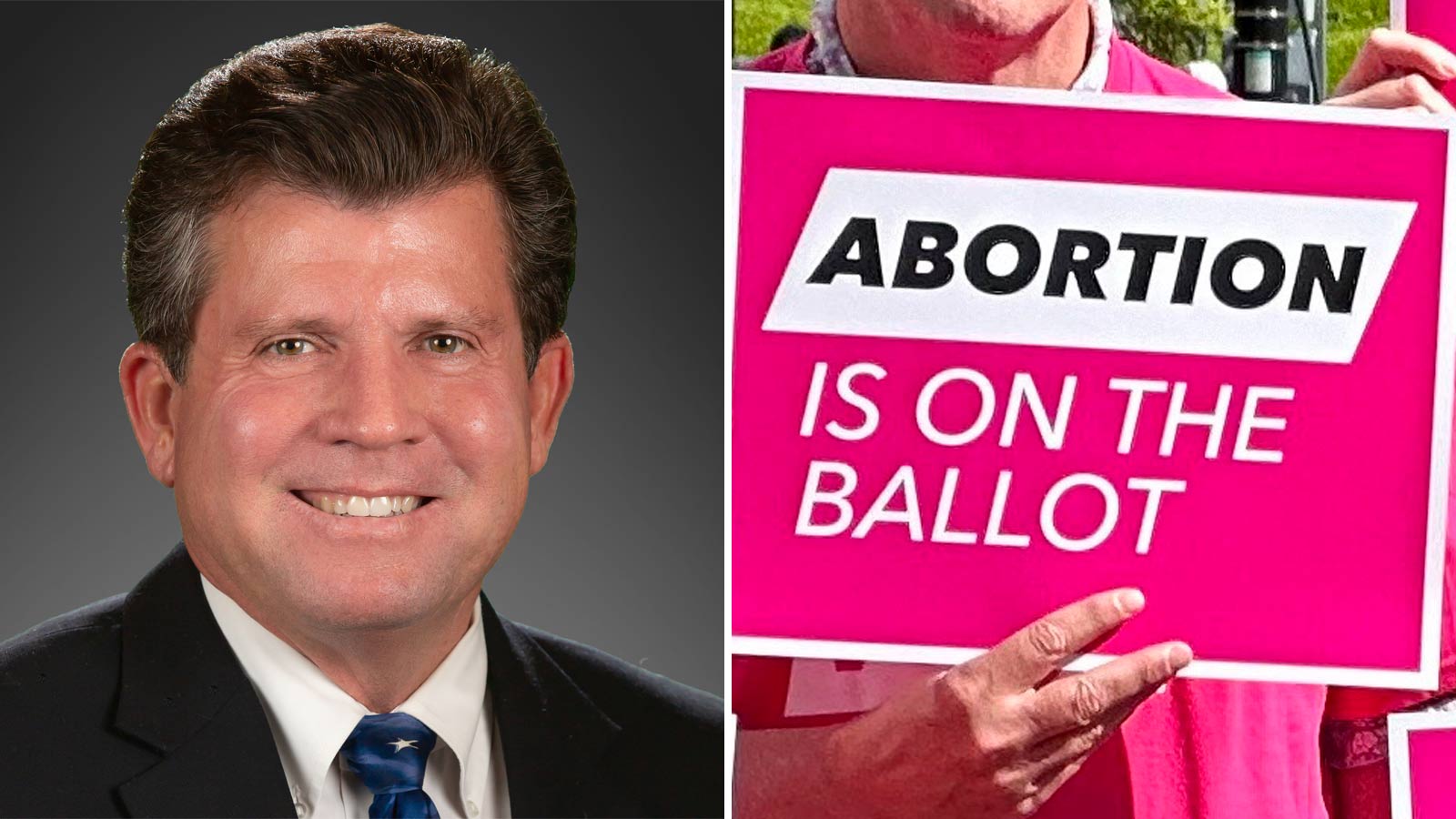Split-panel image of Arizona Republican state Rep. Tim Dunn on the left and sign that says "Abortio...