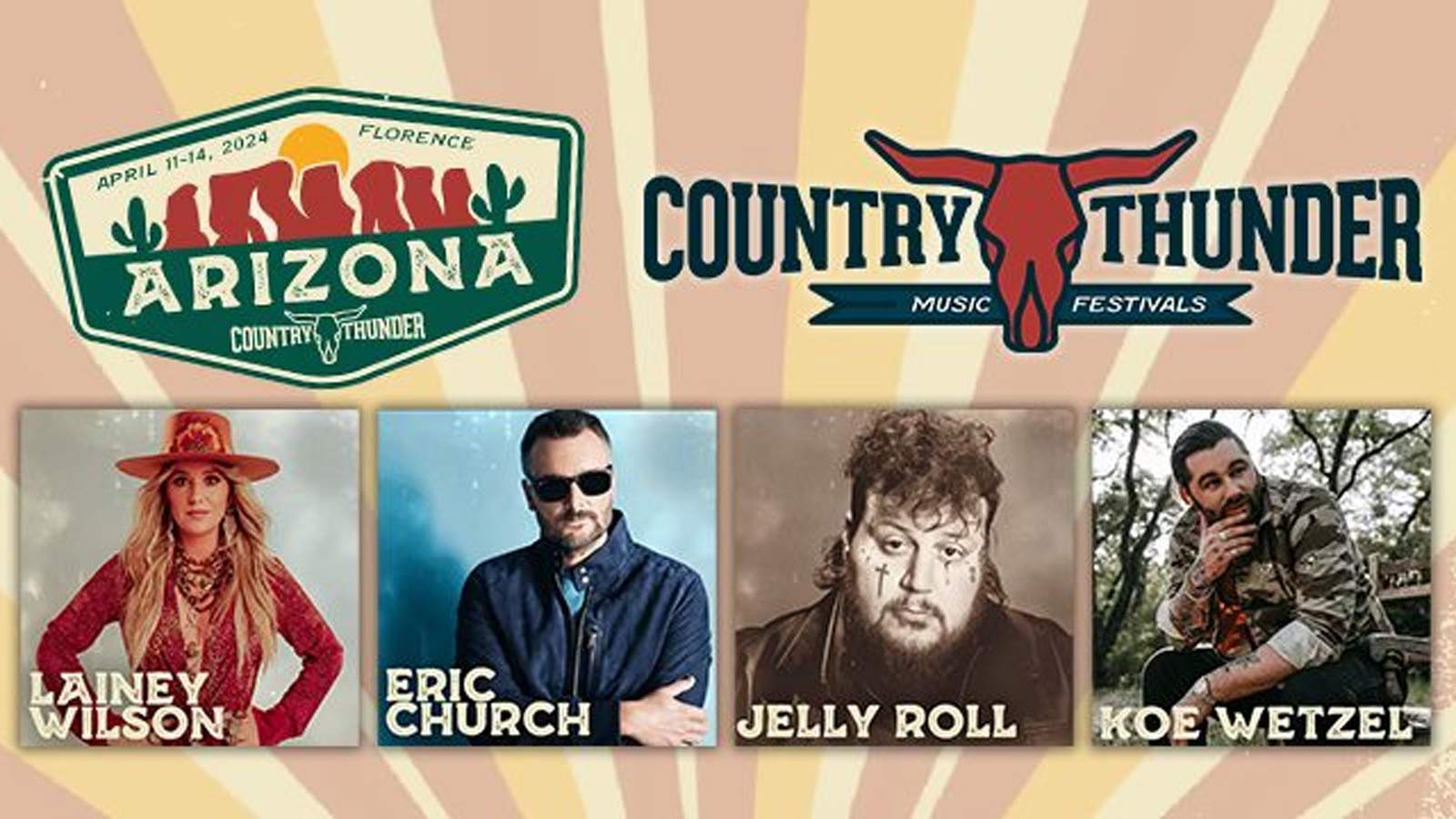 Promotional graphic for Country Thunder Arizona -- with Lainey Wilson, Eric Church, Jelly Roll and ...