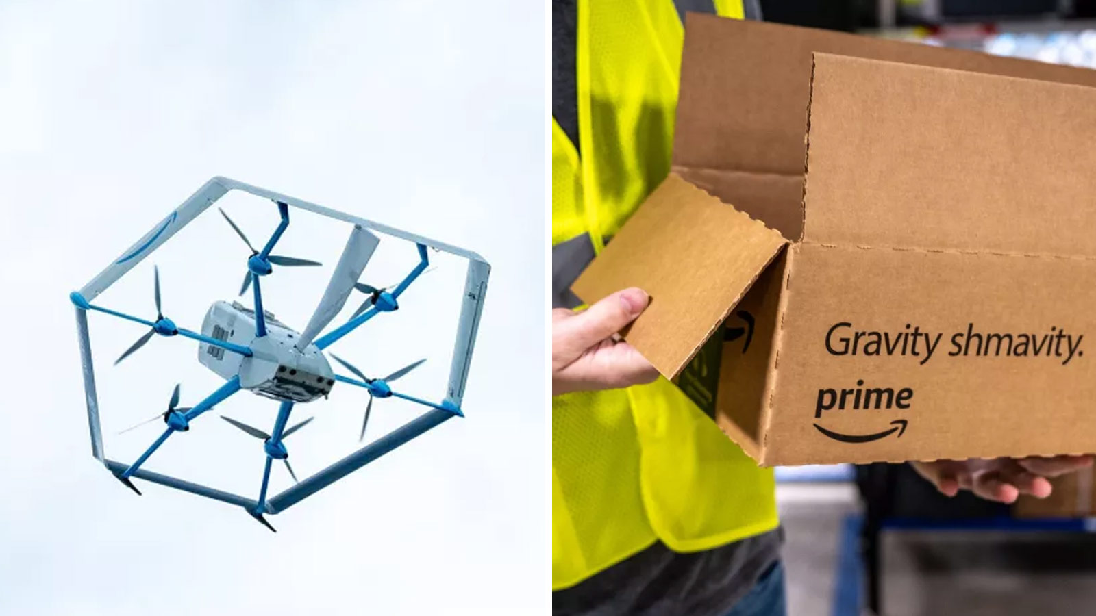 Split image of an Amazon delivery drone in the sky on the left and an Amazon box that says "Gravity...