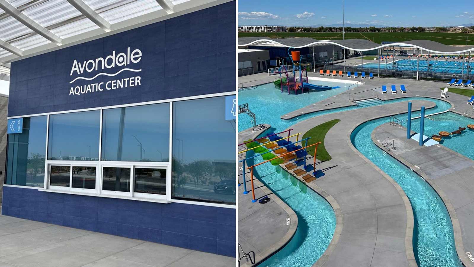 Split image showing the entry to the Avondale Aquatic Center on the left and an aerial view of the ...