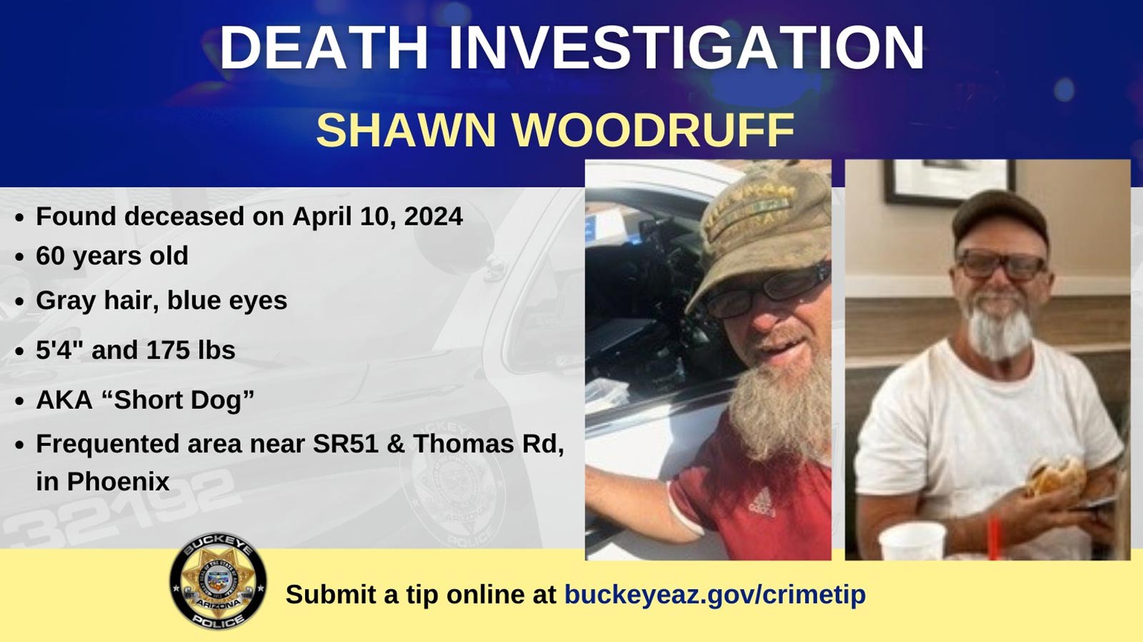 A graphic with photos and a description of Shawn Woodruff, whose body was found dead in a Buckeye landfill on April 10, 2024.
