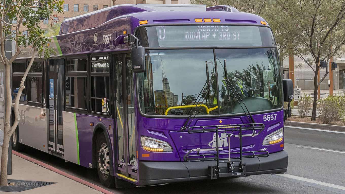 File photo of a Valley Metro bus at a stop. A woman died Monday, April 29, 2024, in a head-on colli...
