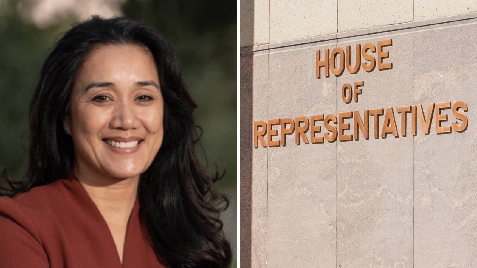 Split image of a headshot of Junelle Cavero on the left and a sign on the wall of the state capitol...