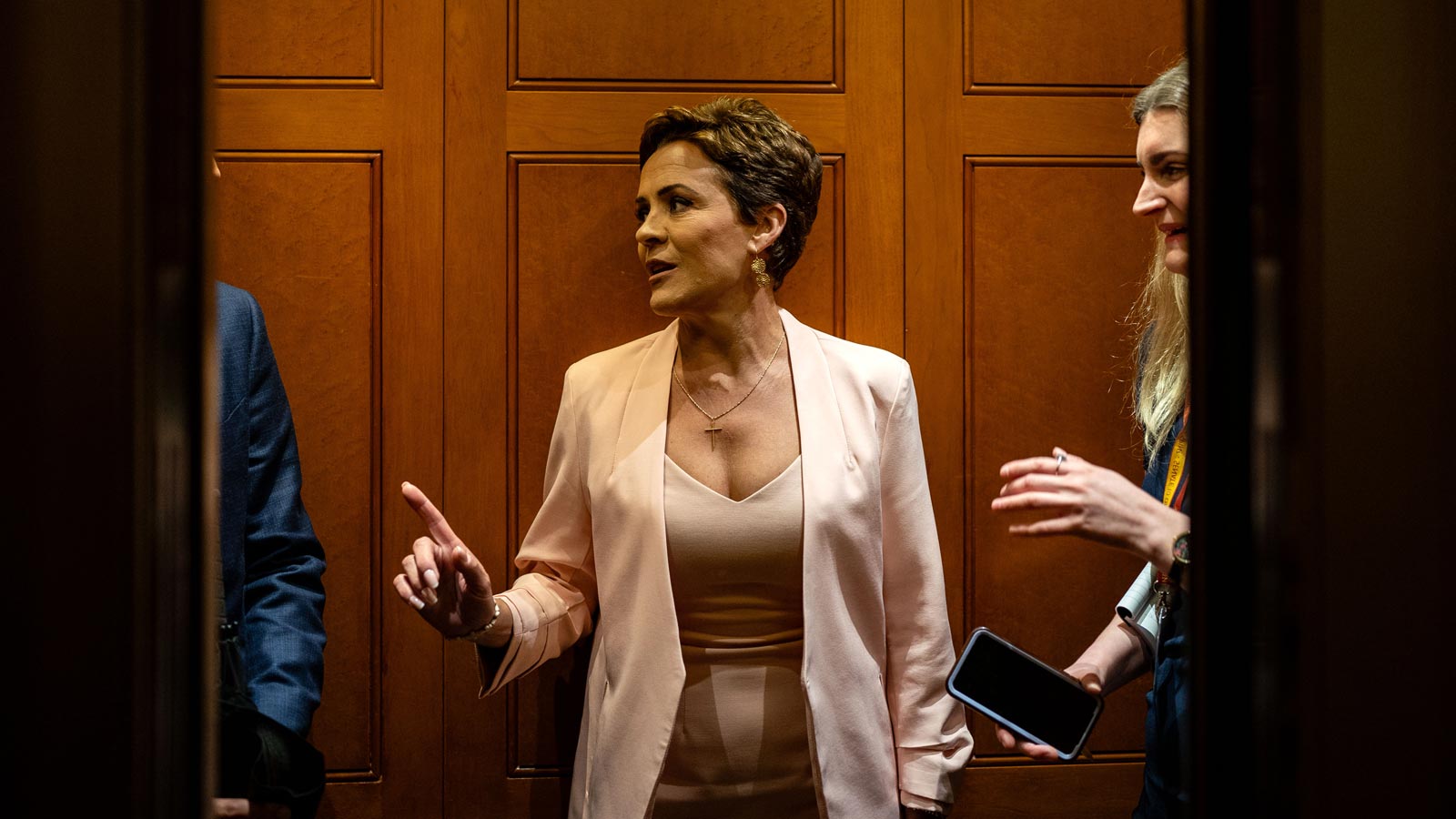 Arizona Republican Senate candidate Kari Lake speaks with reporters after leaving the office of Senate Minority Leader Mitch McConnell (R-KY) on Capitol Hill on March, 6 2024 in Washington, D.C.