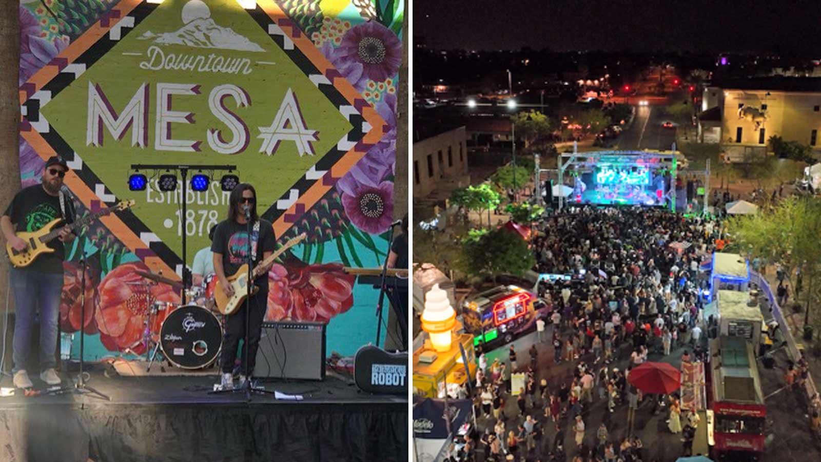Split image with a band playing in front of a Mesa mural on the left and an aerial view of the Mesa...