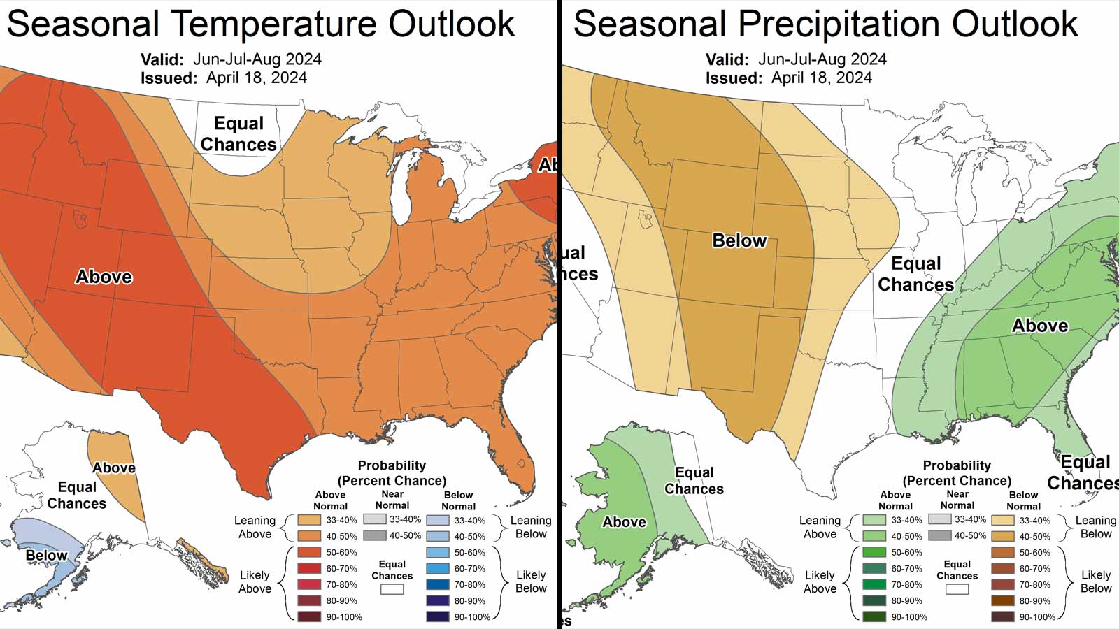 Seasonal forecast maps from the National Weather Service show the chances for above-normal temperat...