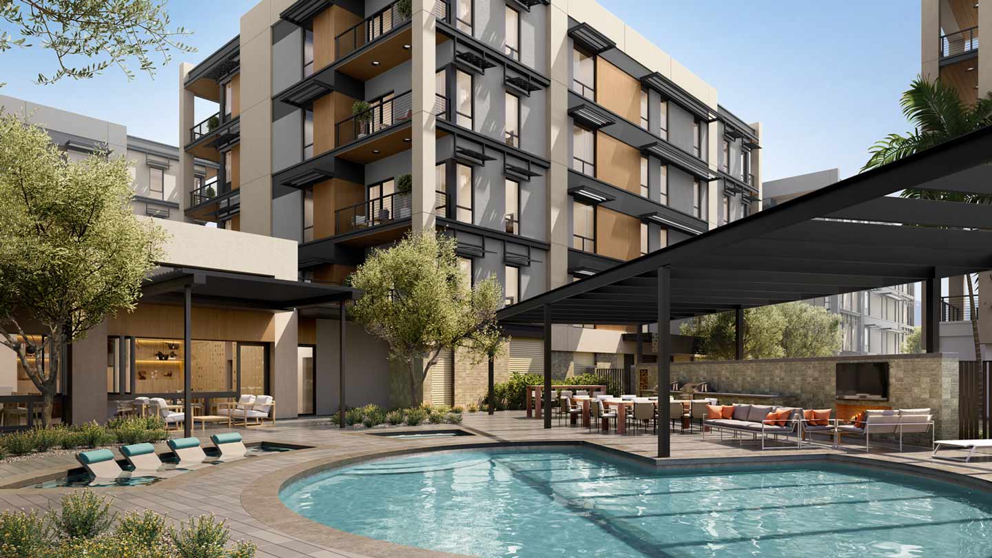 Exterior and pool at Portico, a luxury condominium development under construction in Scottsdale....