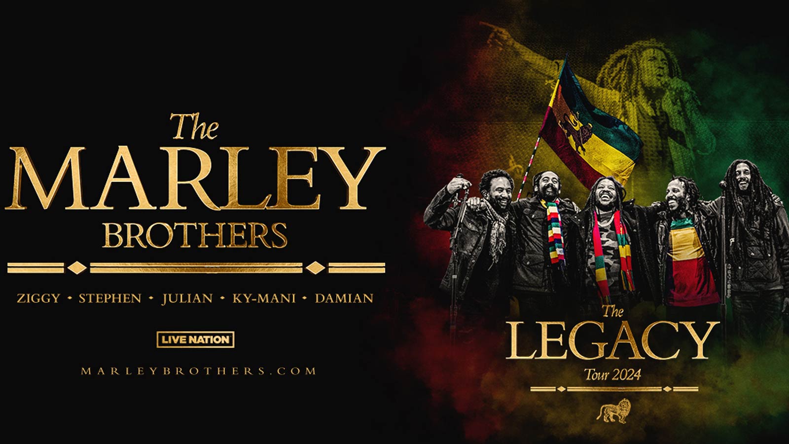 A promotional graphic for “The Marley Brothers: The Legacy Tour” shows Ziggy, Stephen, Julian, ...