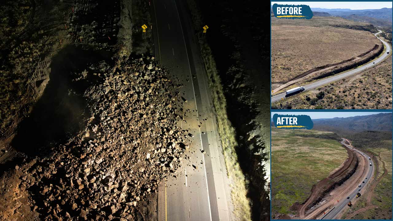 Images of I-17 Improvement Project rock blasting operations....