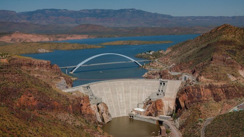 Aerial view of Roosevelt Dam. SRP reservoirs responsible for supplying water to metro Phoenix are a...