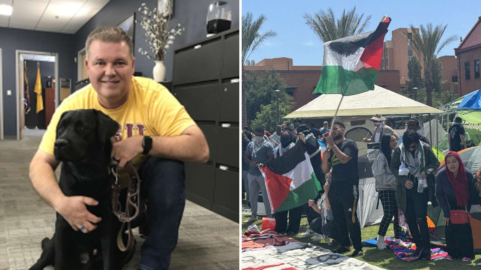 Split panel image of ASU police chief Michael Thompson on the left and an April 2024 pro-Palestinia...