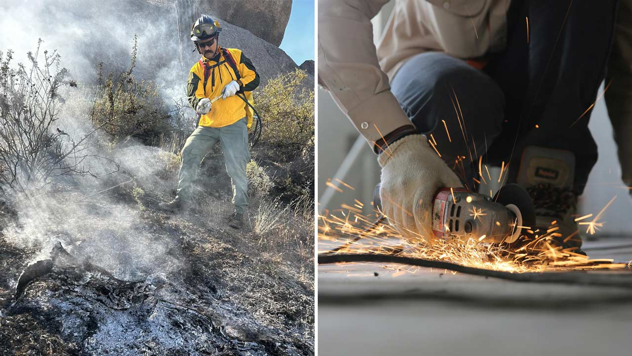 Split panel image of a firefighter at the scene of a Scottsdale brush fire on the left and a constr...