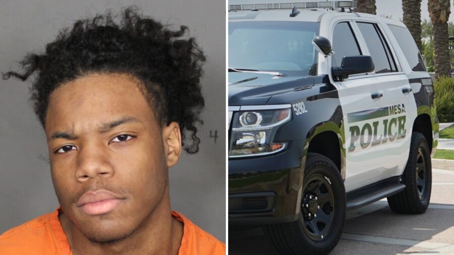 Split panel image of Christopher Fantastic's mugshot on the left and a Mesa Police vehicle on the r...