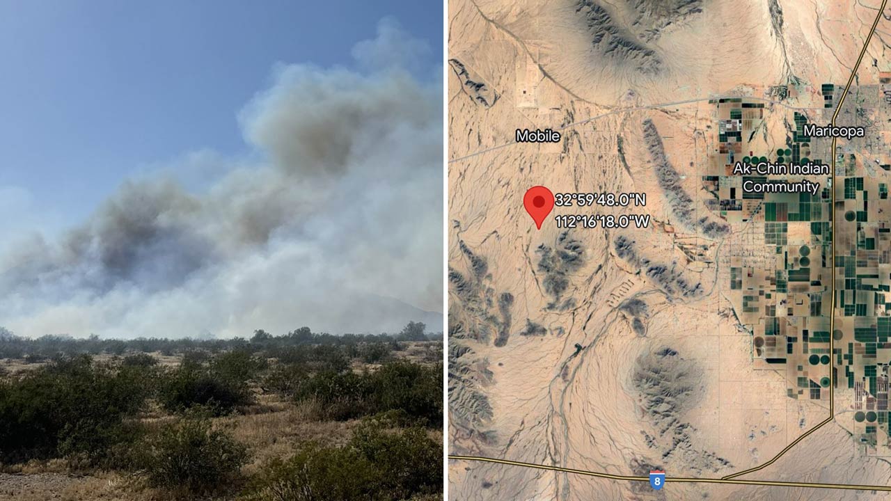 Split panel image with smoke from the Flying Bucket Fire on the left and a map of the wildfire's lo...