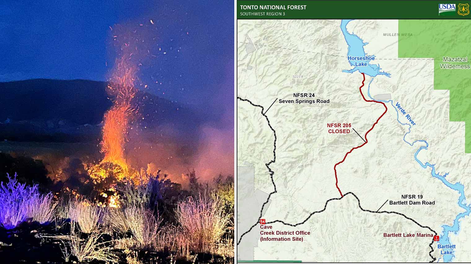 Split panel image of flames from the Horse Fire on the left and a map showing a related forest road...