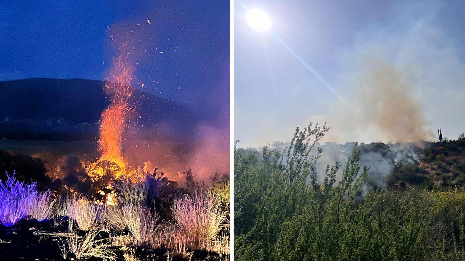 Two photos from the Horse Fire northeast of metro Phoenix, nighttime at left and daytime at right....