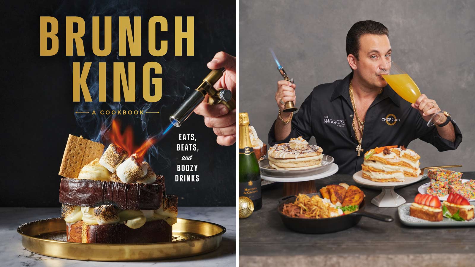 Split panel image showing the cover of “Brunch King: Eats, Beats, and Boozy Drinks” on the left...
