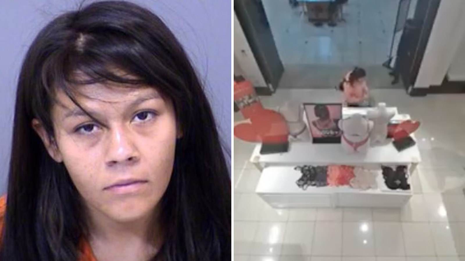 Mugshot of Leticia Martinez Perez on the left and surveillance footage of a shoplifting incident at...