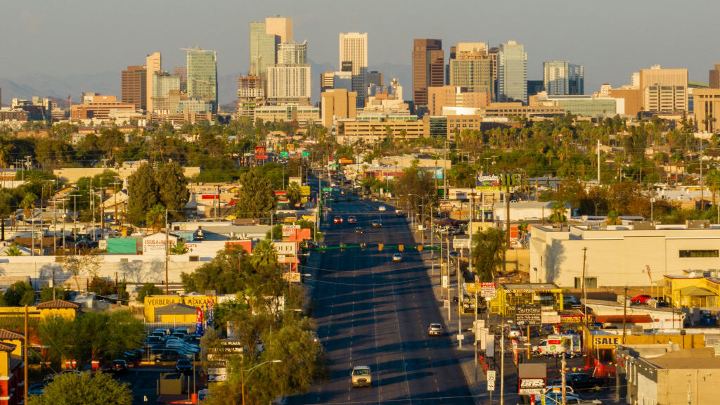 An aerial view of the downtown skyline in Phoenix, Arizona. (Photo by Brandon Bell/Getty Images)...