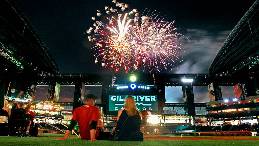 Fireworks explode over Chase Field in downtown Phoenix...
