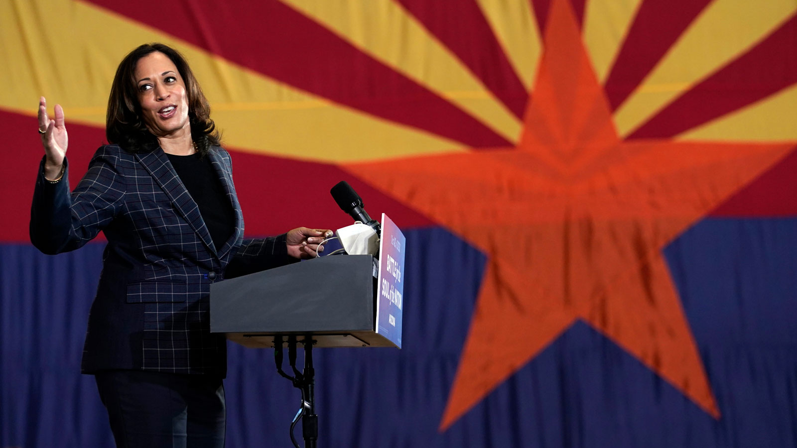 Vice President Kamala Harris, shown in front of an Arizona flag during a Phoenix campaign stop in 2...
