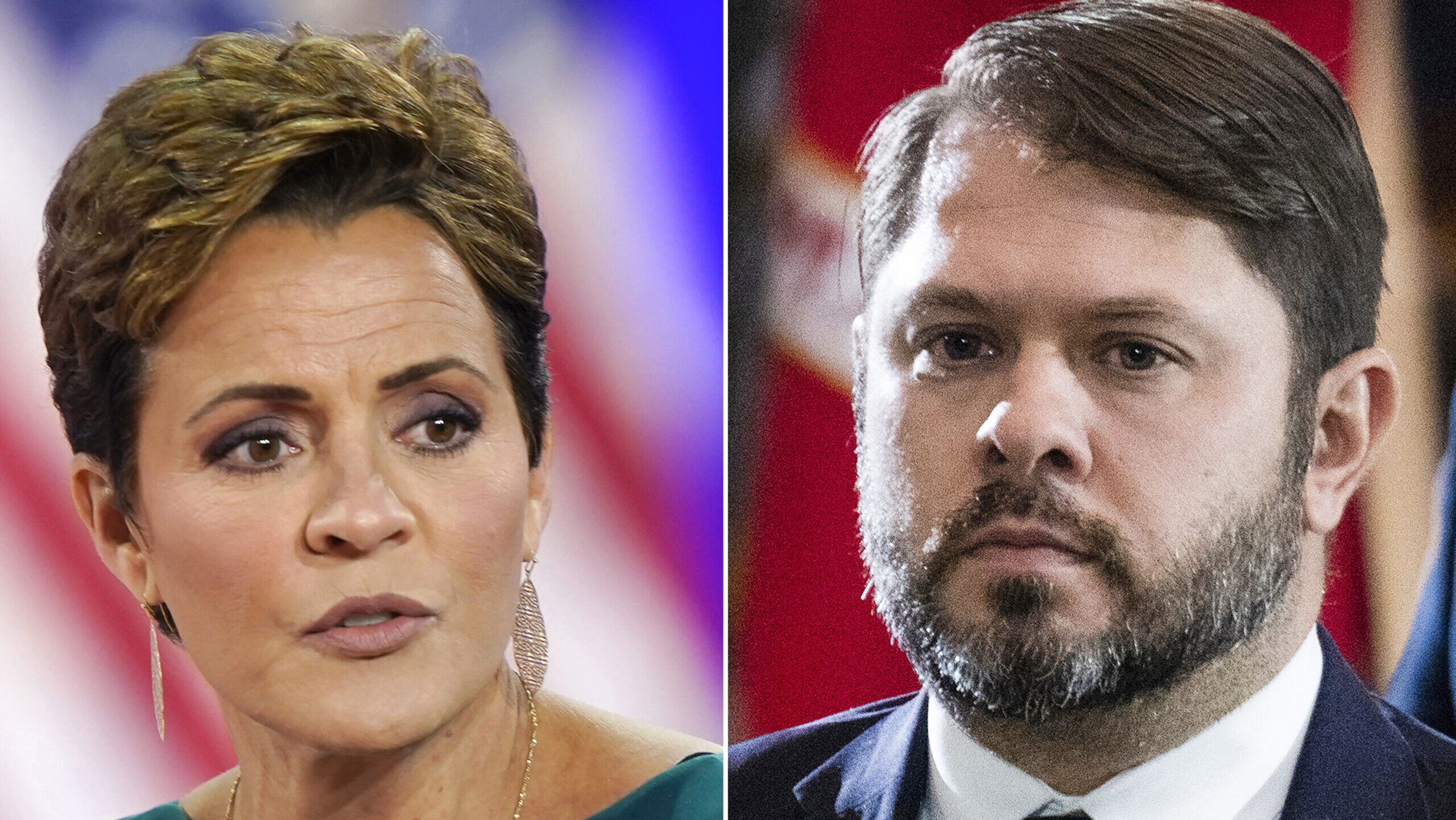 In this combination photo, Kari Lake speaks in Dallas, Aug. 5, 2022, left, and Rep. Ruben Gallego, ...