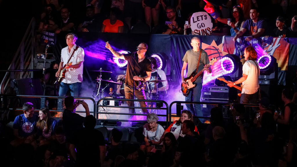 The Gin Blossoms perform during halftime in game two of the NBA Western Conference finals between t...