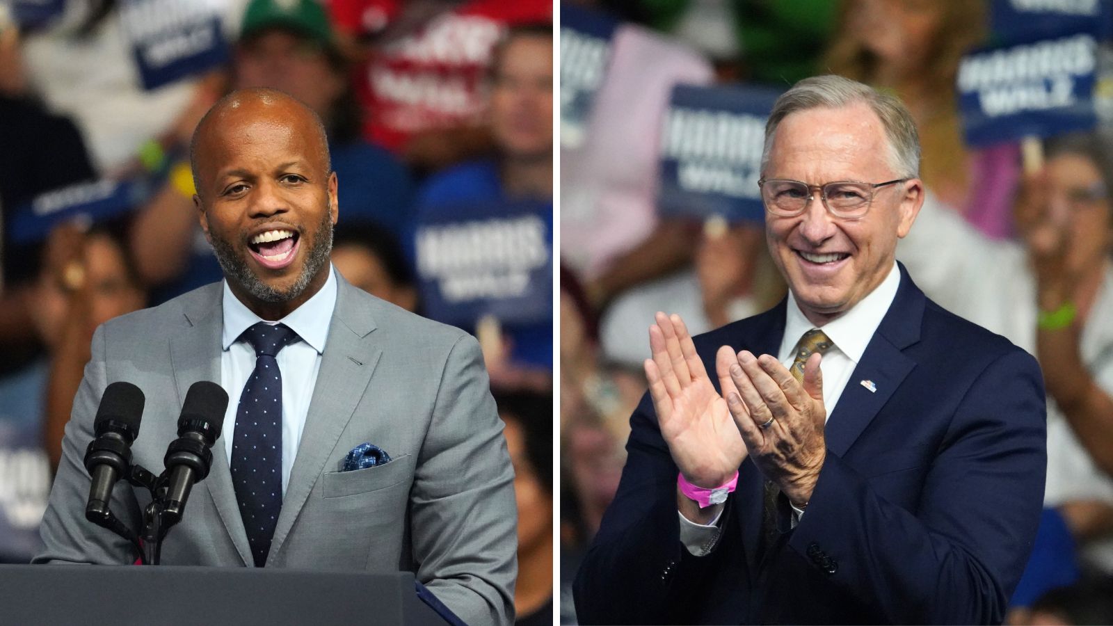 Tempe Mayor Corey Woods and Mesa Mayor John Giles took part in Kamala Harris’ first rally with Ti...