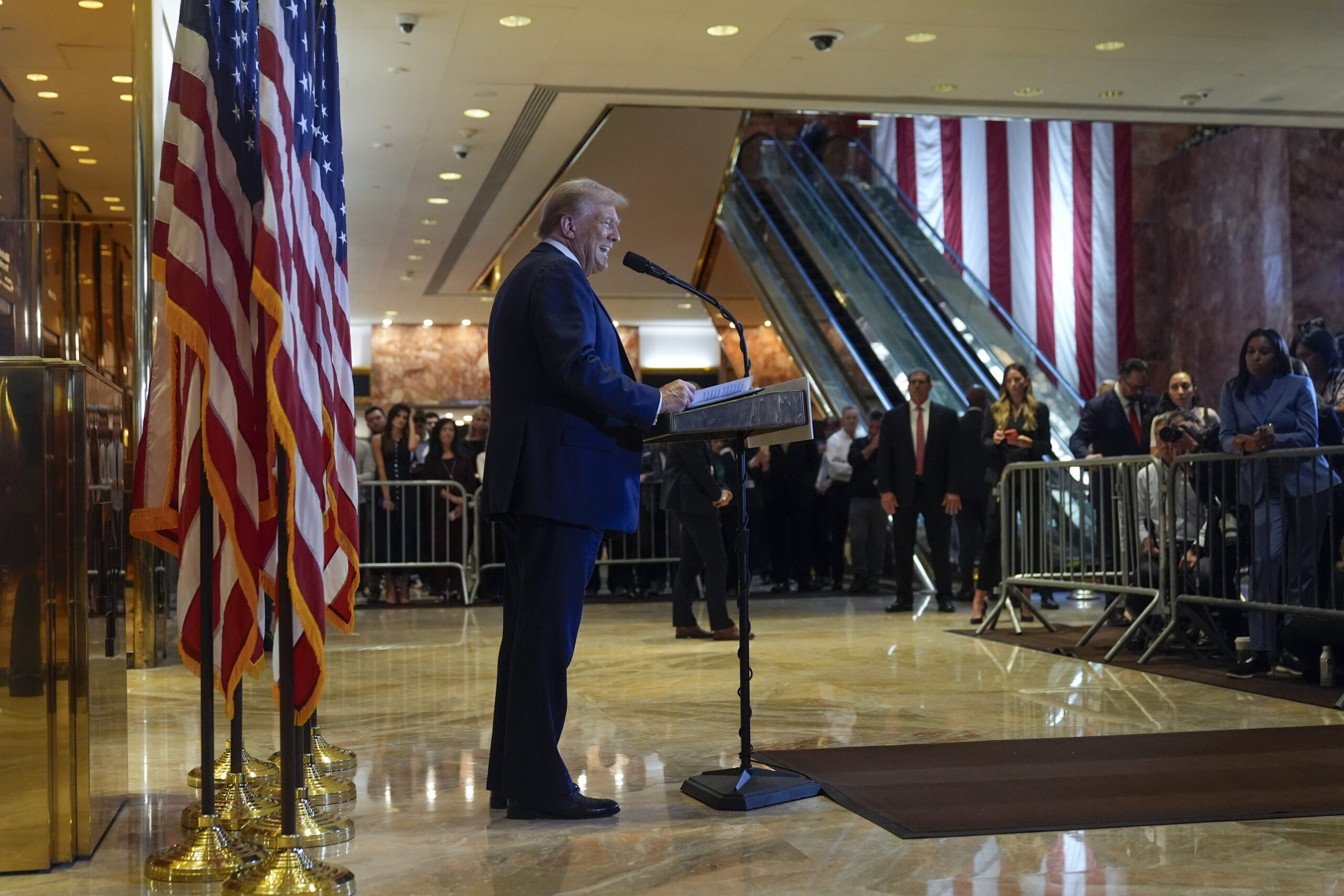 Republican presidential nominee former President Donald Trump speaks at Trump Tower in New York, Th...