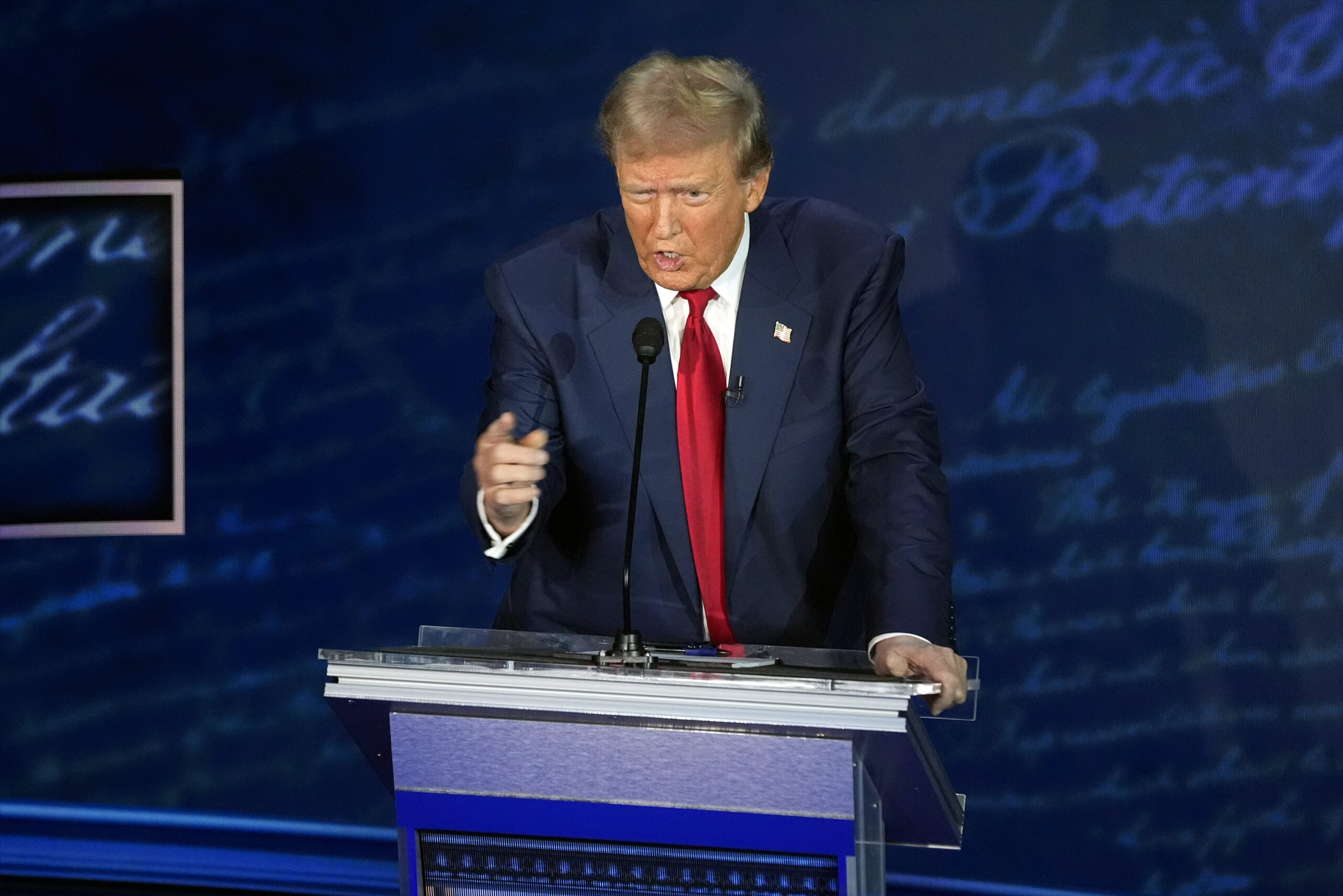 Republican presidential nominee former President Donald Trump speaks during a presidential debate w...