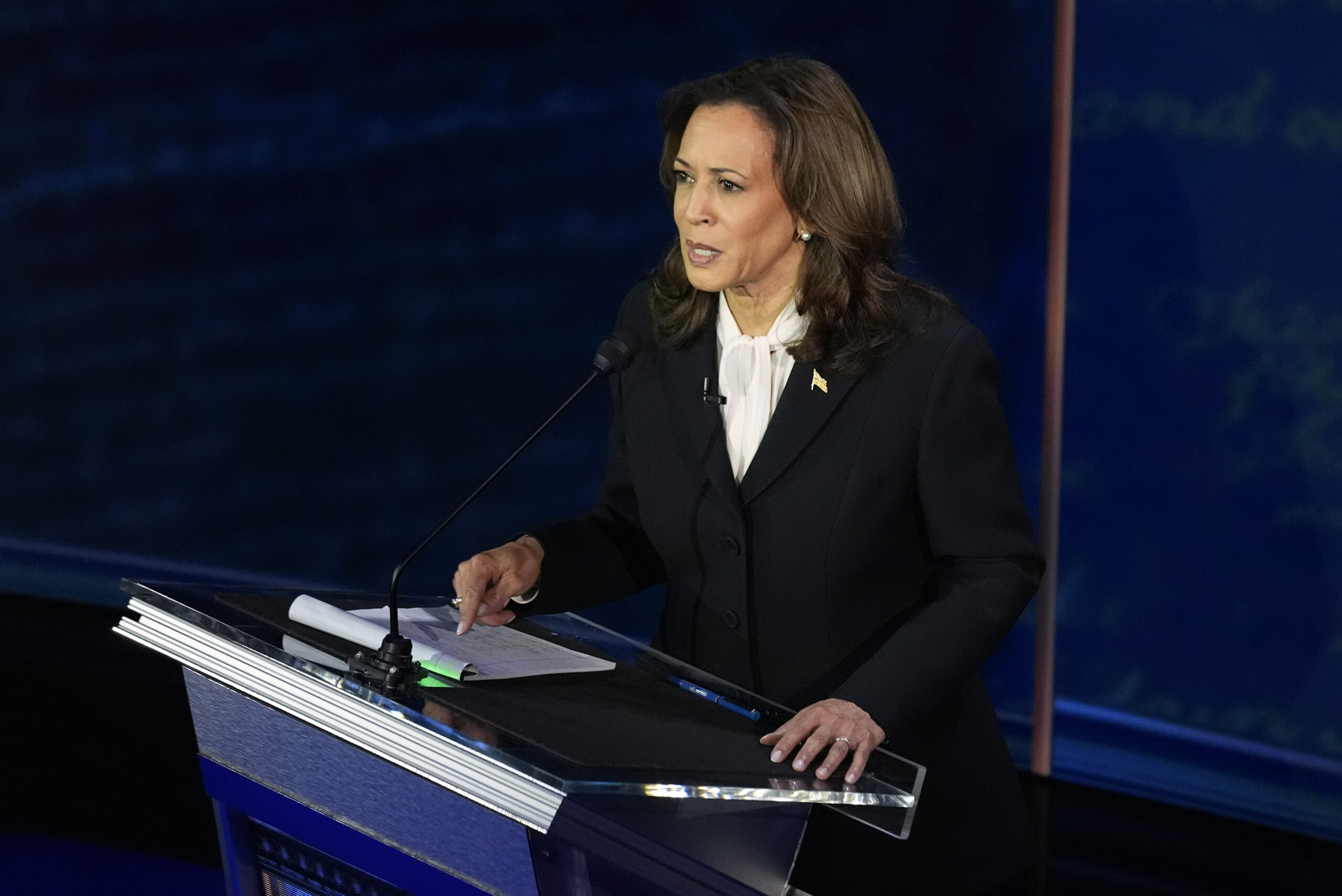 Democratic presidential nominee Vice President Kamala Harris speaks during a presidential debate wi...