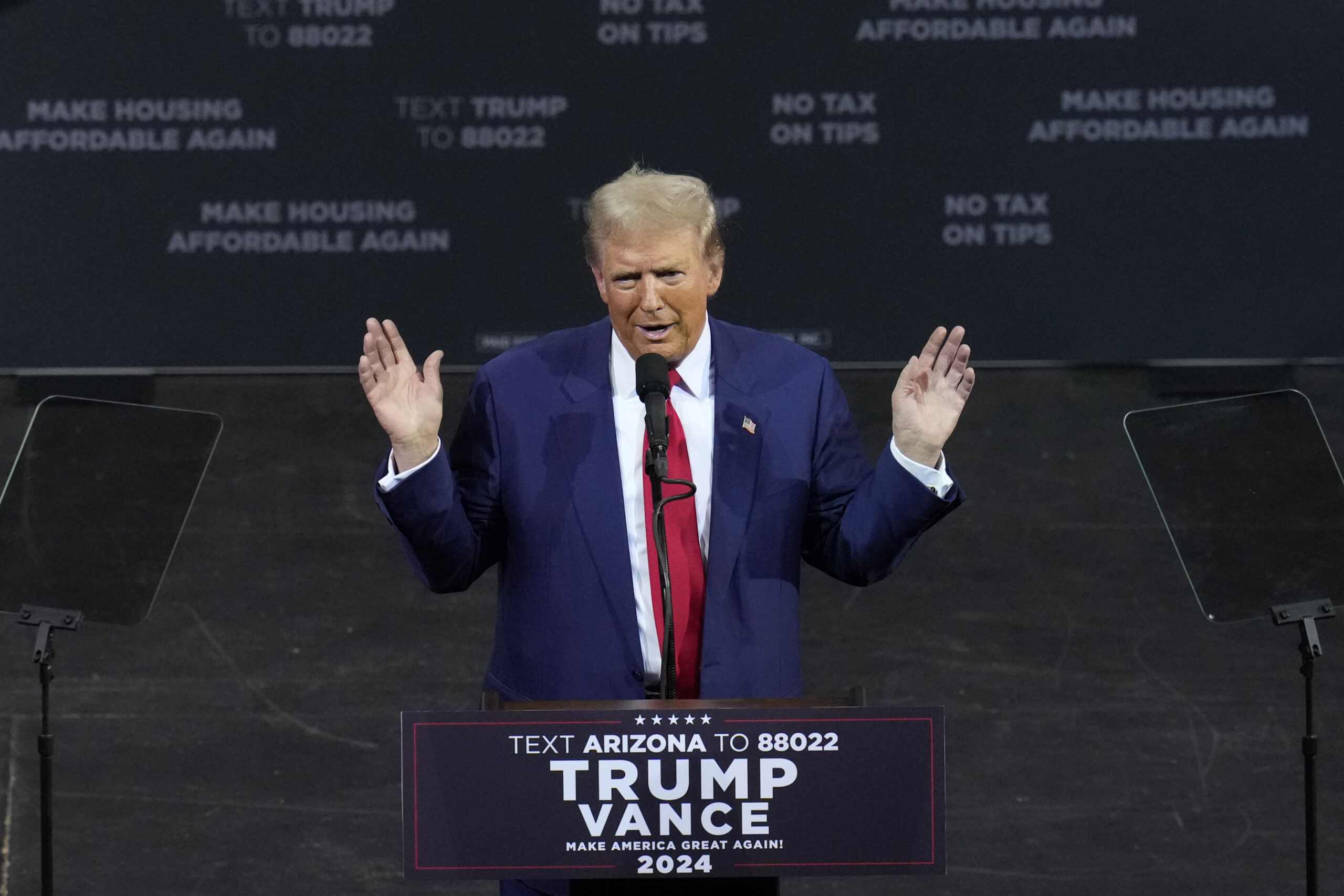 Republican presidential nominee former President Donald Trump speaks during a campaign event at the...