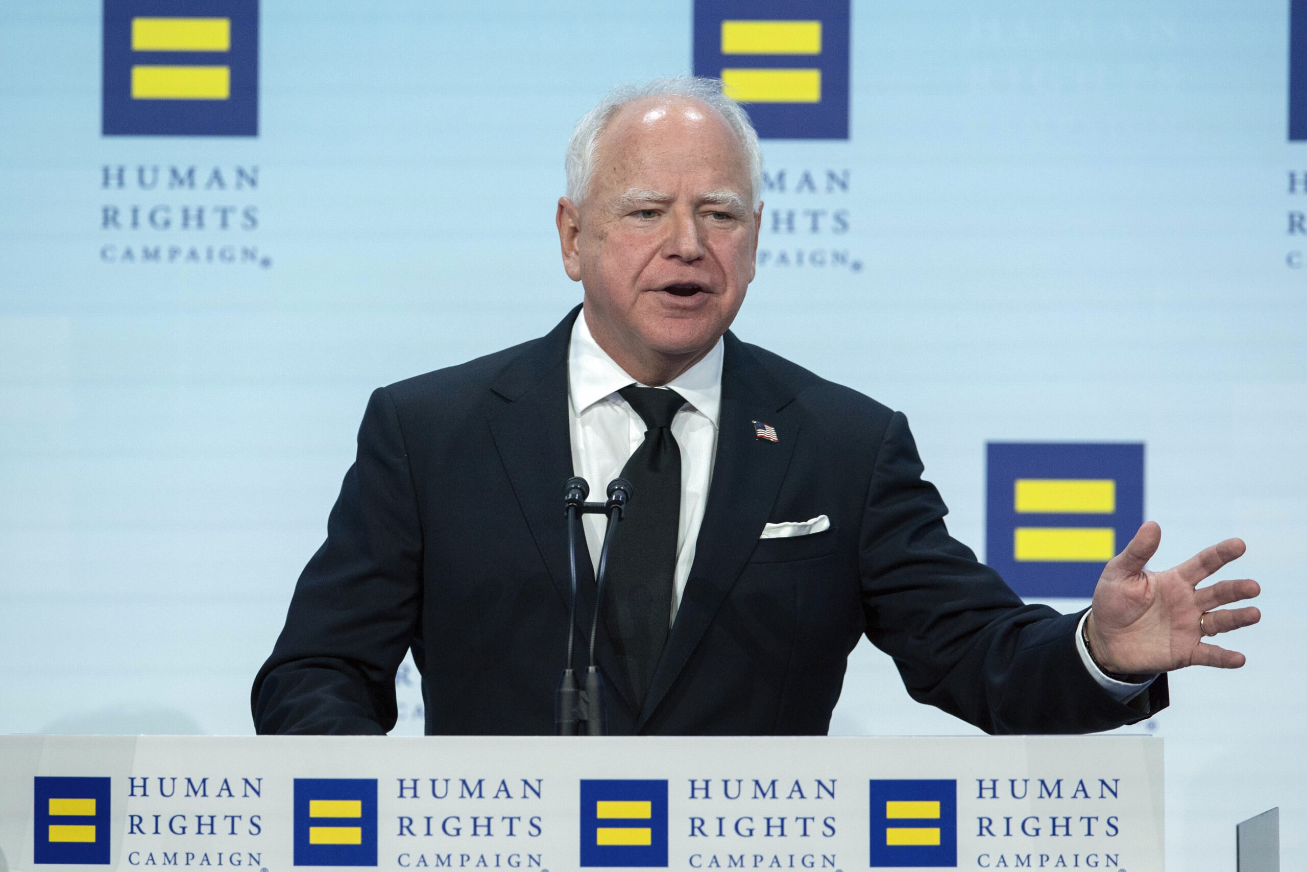 Democratic vice presidential candidate Minnesota Gov. Tim Walz speaks during the Human Rights Campa...