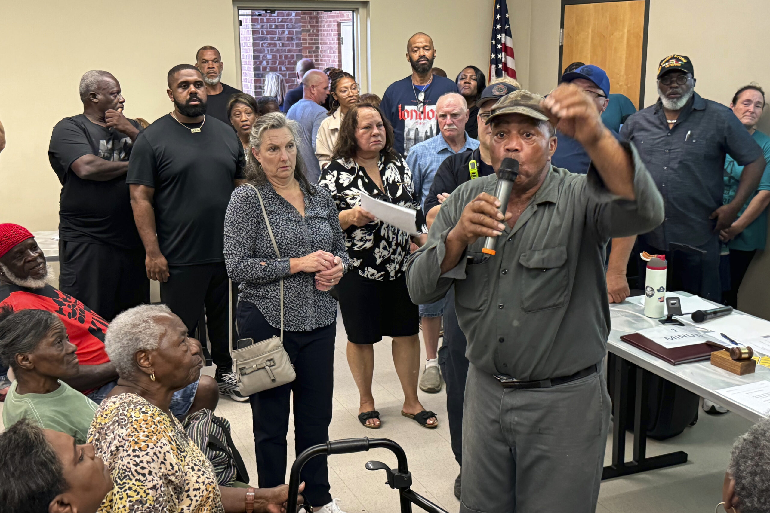 St. Rose, La., resident Marshall Dickerson, 69, urges community members opposed to the St. Charles ...