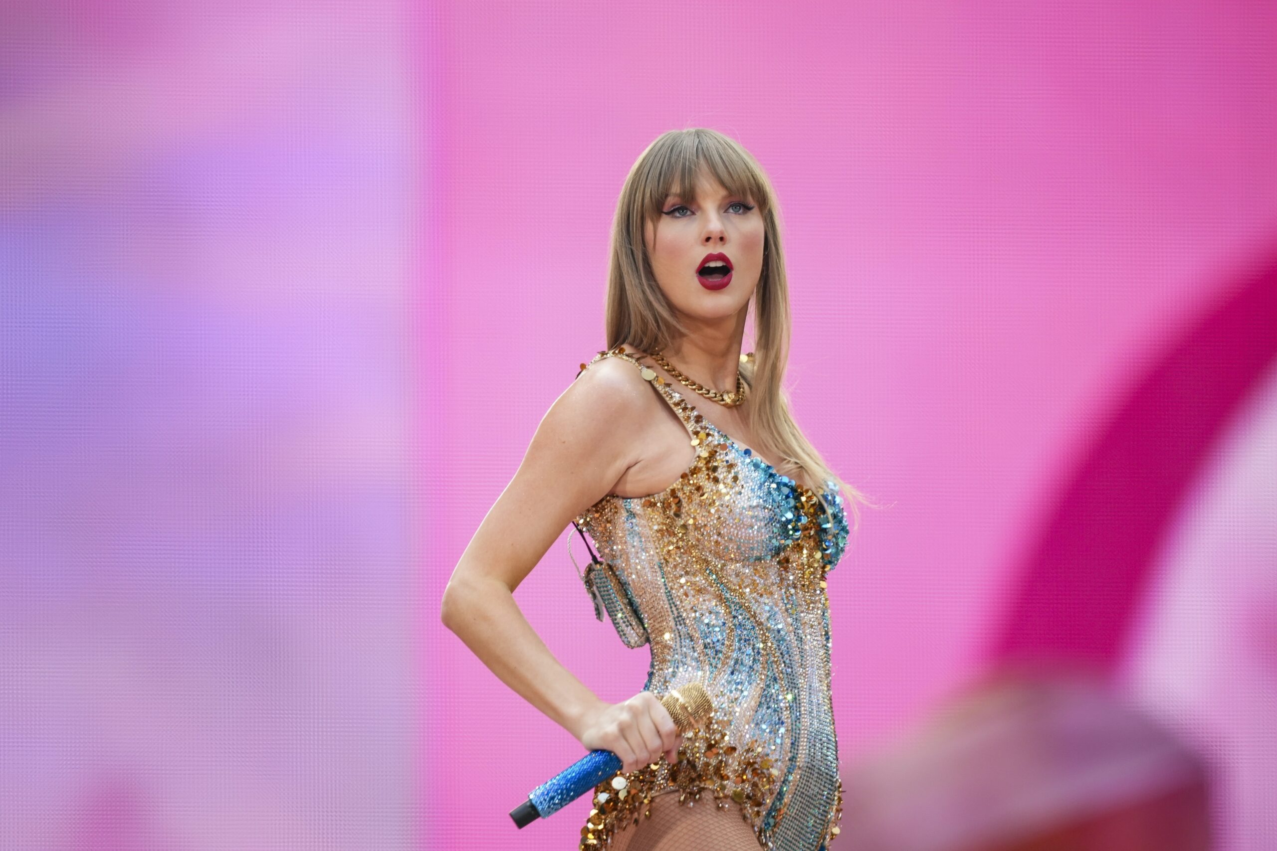 FILE - Taylor Swift performs at Wembley Stadium as part of her Eras Tour, June 21, 2024, in London....