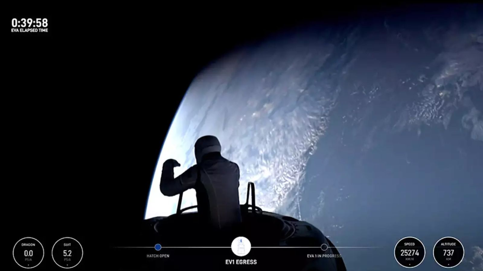 This image made from a SpaceX video shows the start of the first private spacewalk led by tech bill...