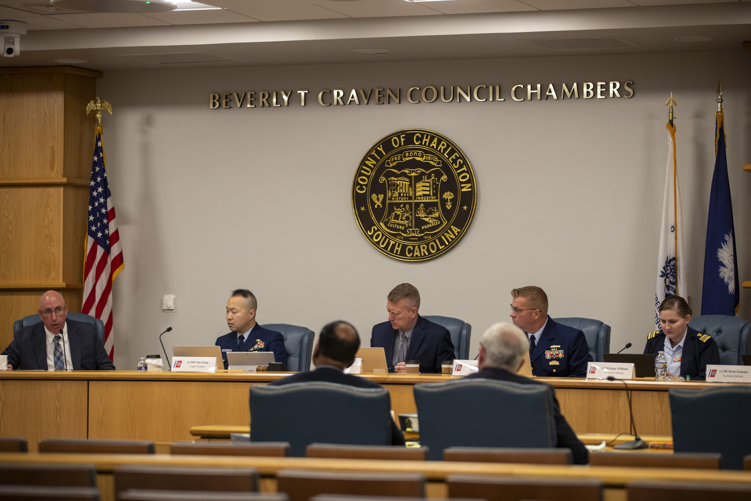 Members of the Coast Guard's Titan Submersible Marine Board of Investigation listen during the form...